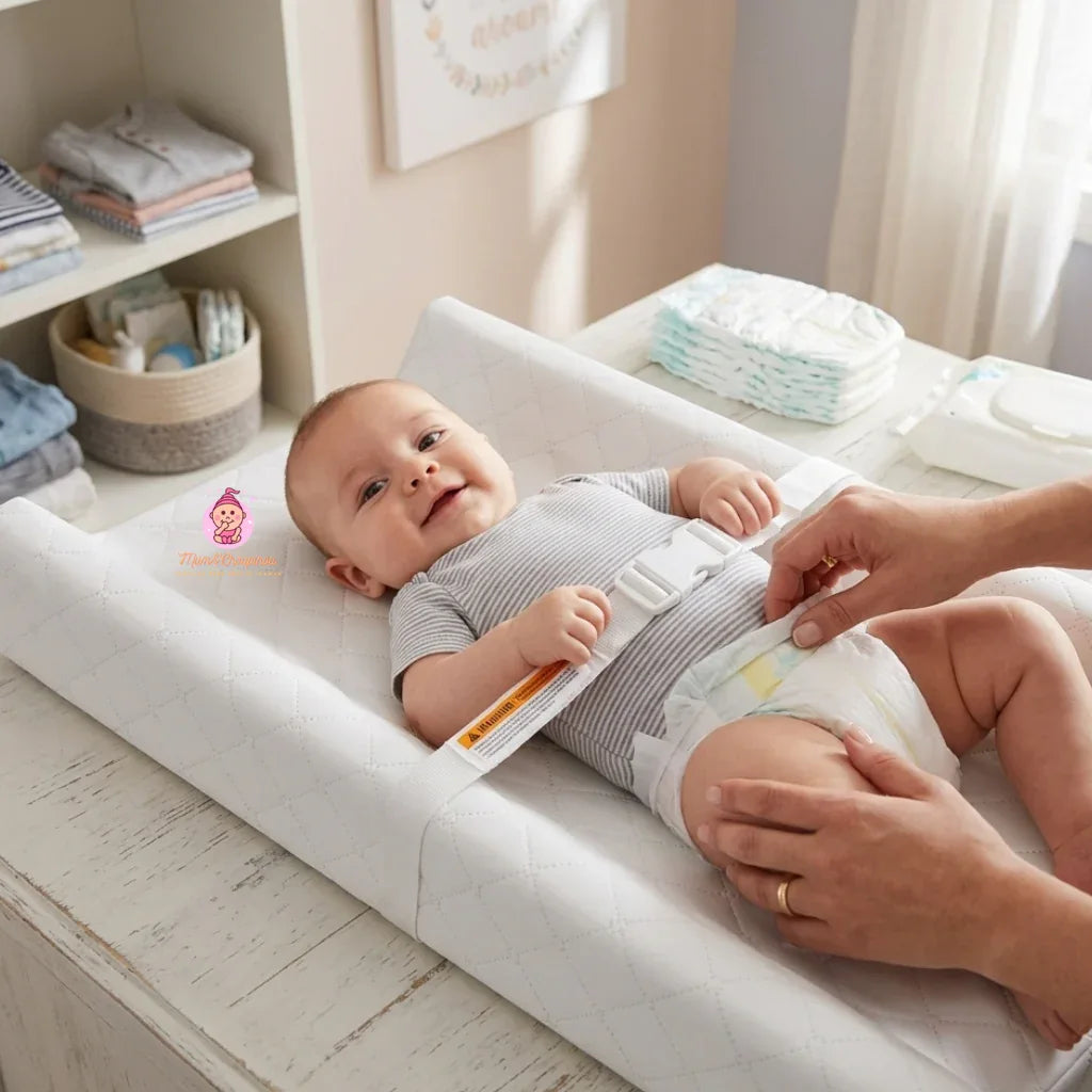Bébé installé sur un matelas à langer avec sangle de maintien réglable