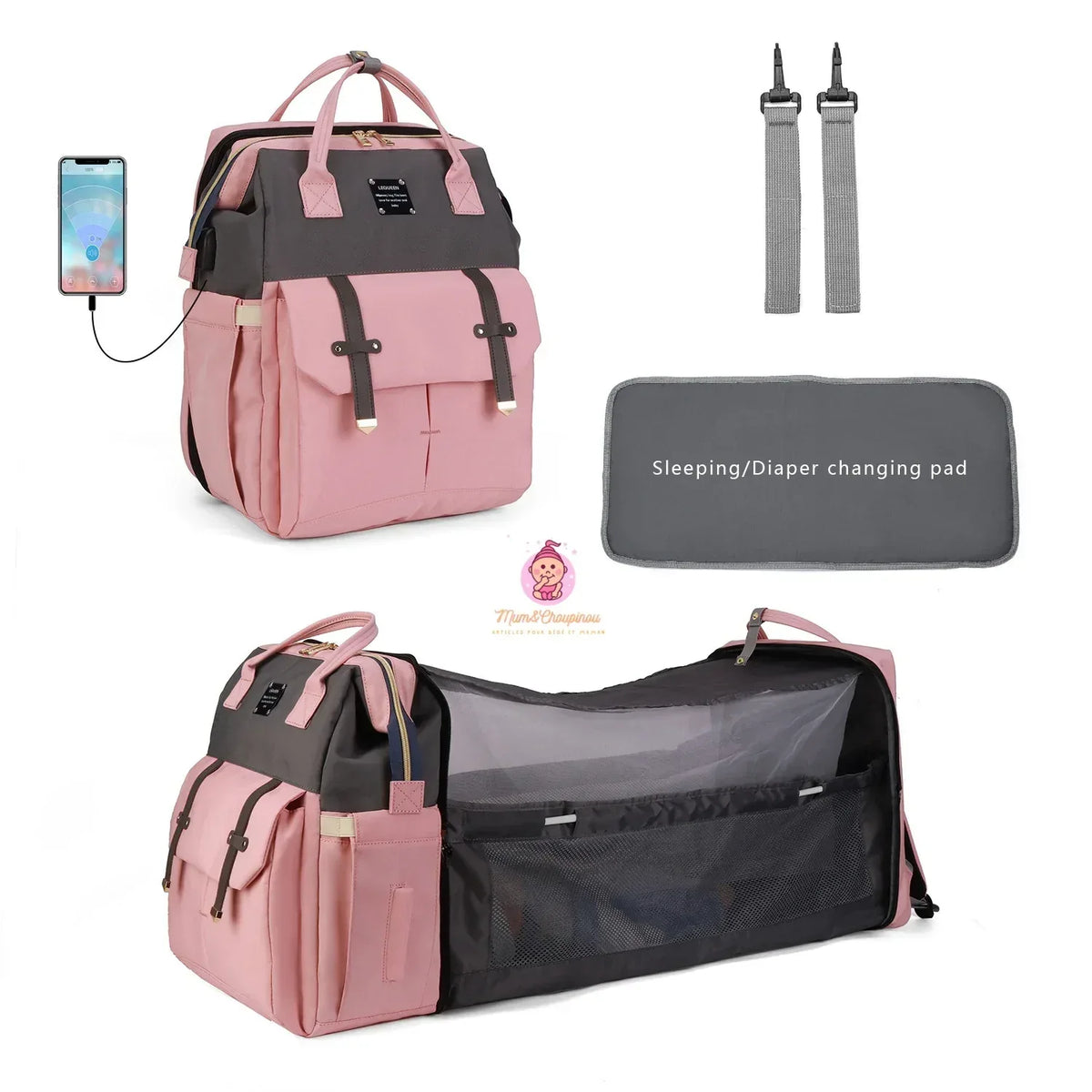 Sac à langer avec matelas intégré et accessoires - Mum&Choupinou