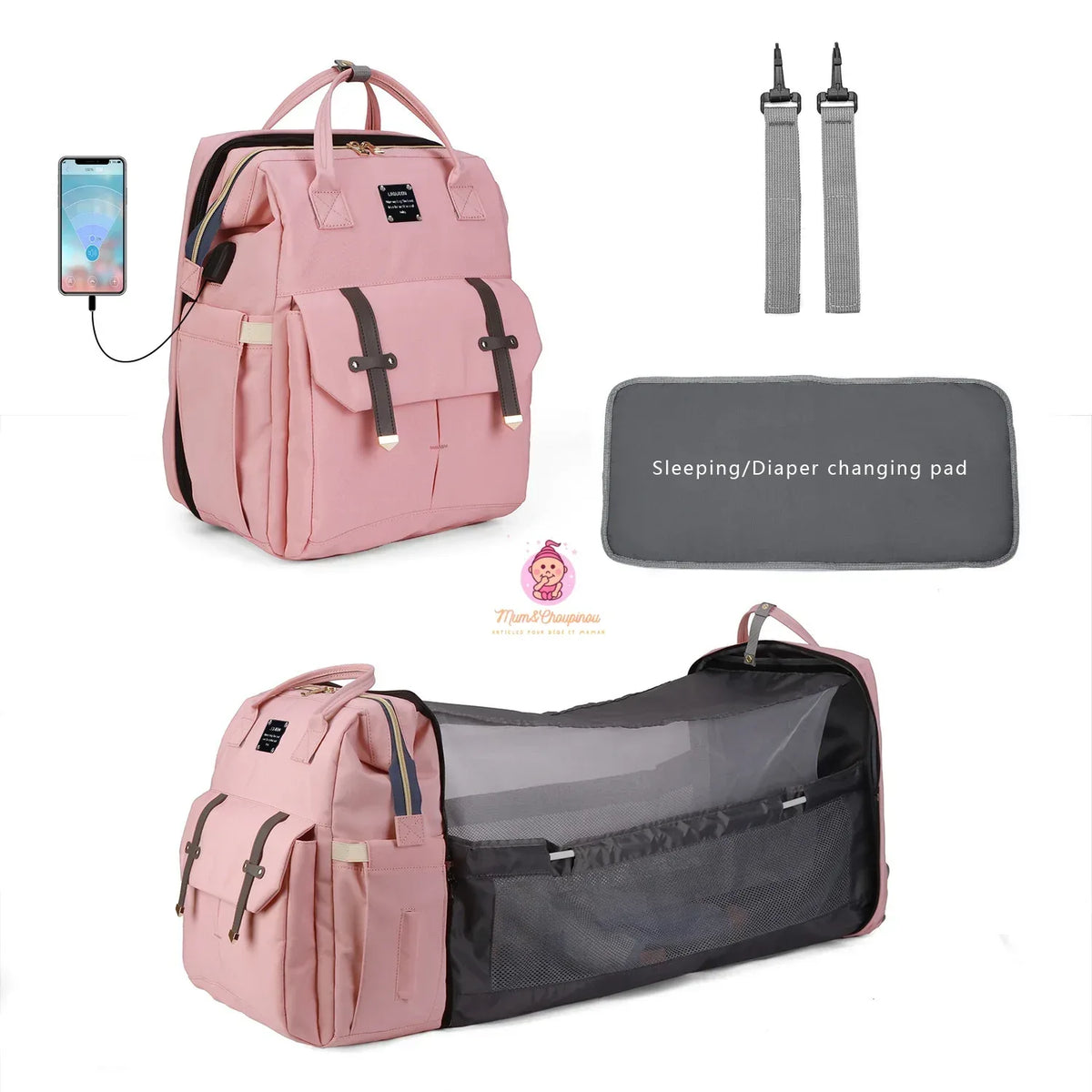 Sac à langer avec matelas intégré et accessoires - Mum&Choupinou