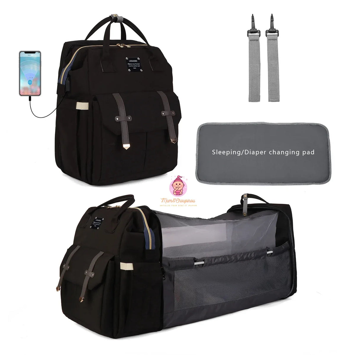 Sac à langer avec matelas intégré et accessoires - Mum&Choupinou